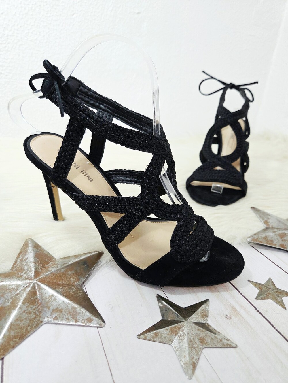 Gianni Bini black crochet strappy heeled sandals ankle tie boho women's 8.5 New